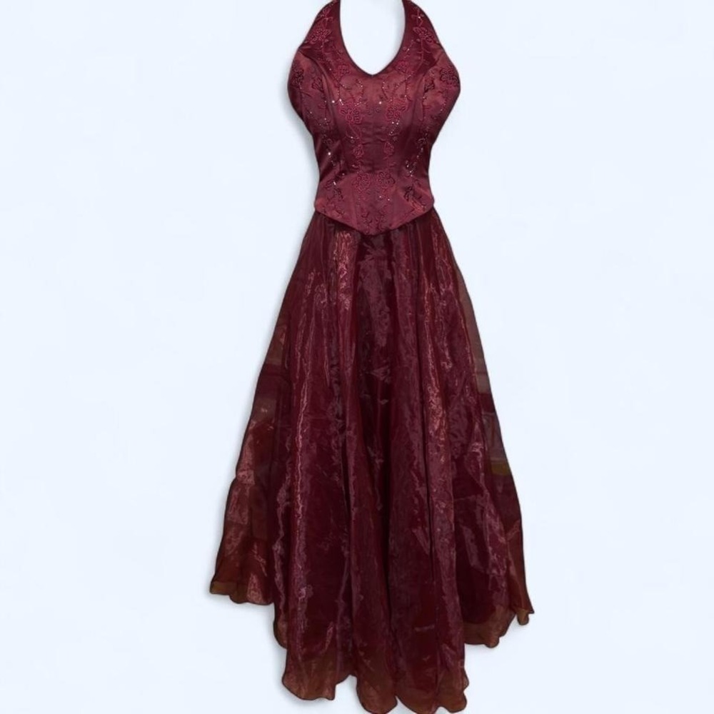 Vintage 90s Rebecca burgundy beaded corset‎ gown, sheer organza skirt